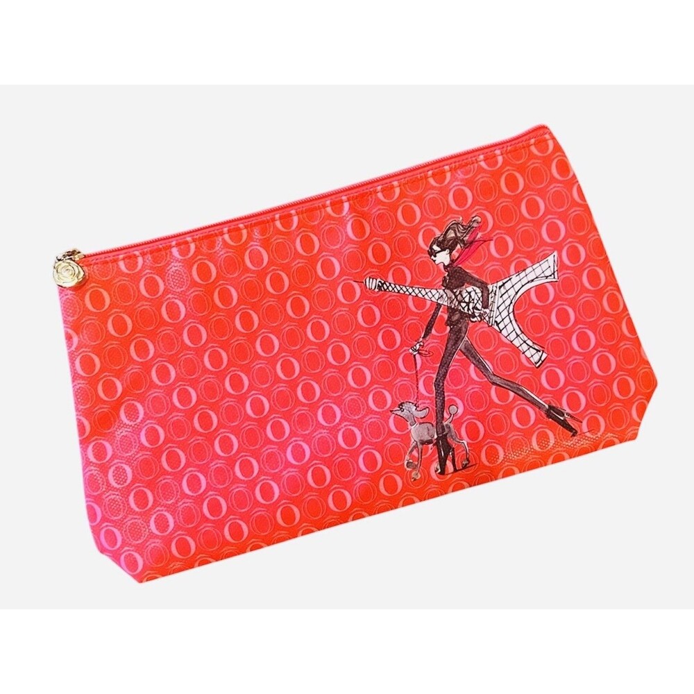 Lancome Paris (Eiffel Tower & Poodle Dog) Red Zip Makeup Bag Cosmetic Pouch